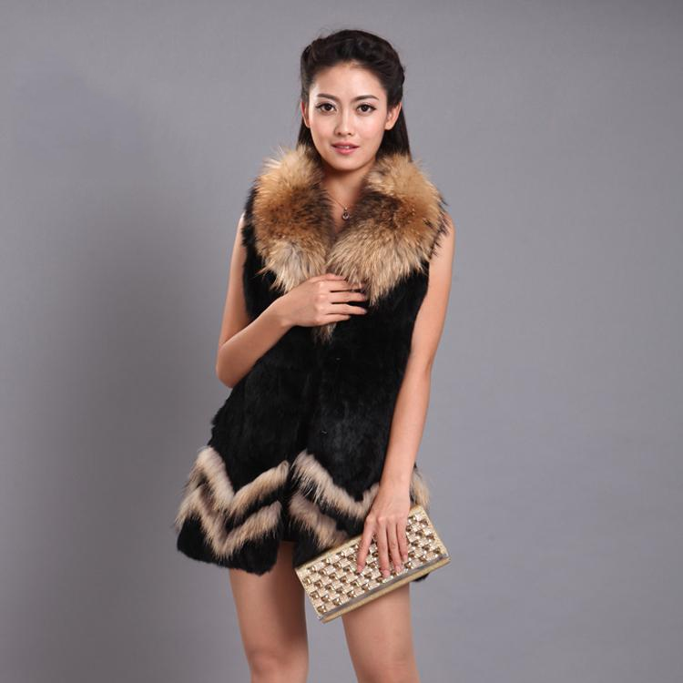 Elegant Fur Collar Real Rabbit Raccoon Fur Vest 