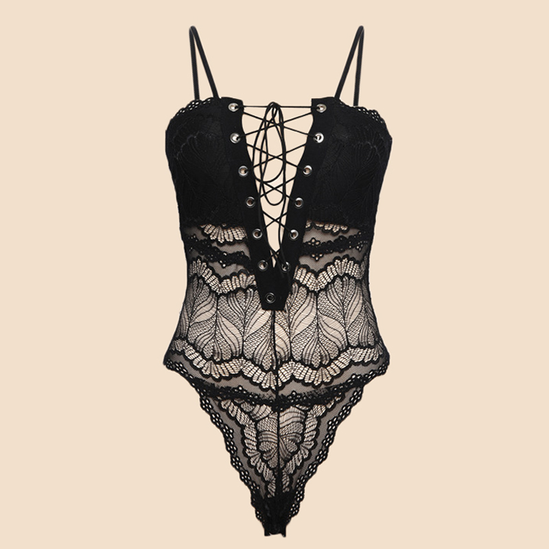 Spaghetti Strap Deep V Lace Up Bodysuit