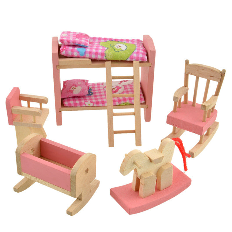 Pretend Play Wooden Doll Bunk Bed Set Furniture Dollhouse Miniature For Kids Child Play Toy