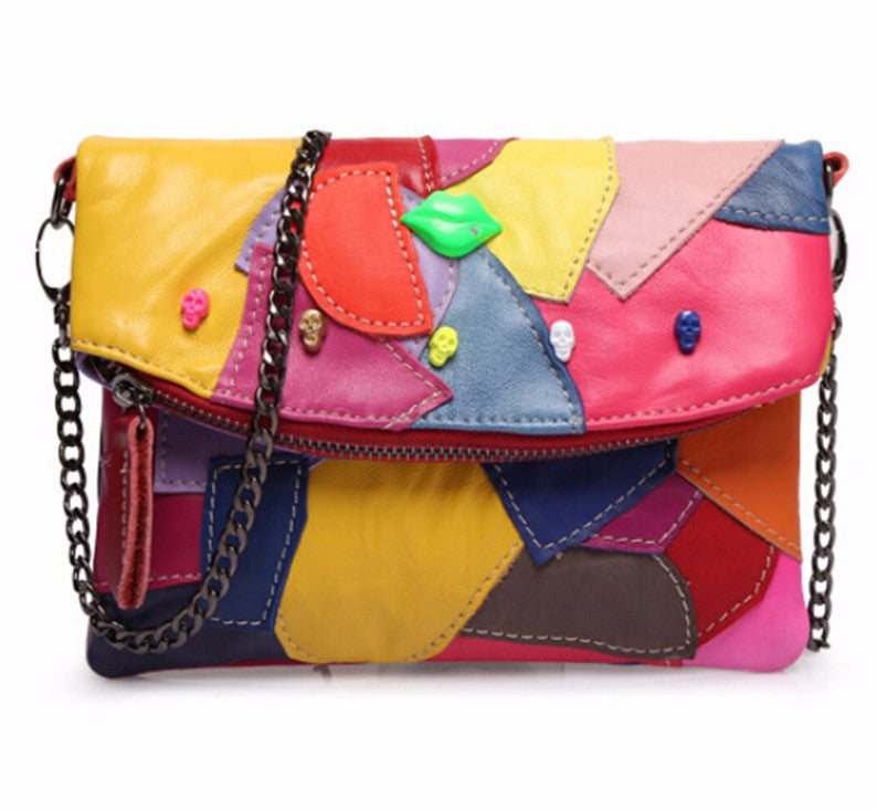 Leather Clutch Bag With Chain Patchwork 