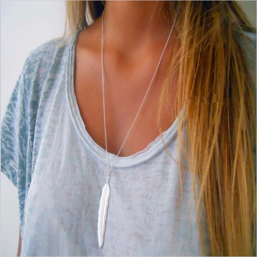 Long Feather Pendant Necklaces 