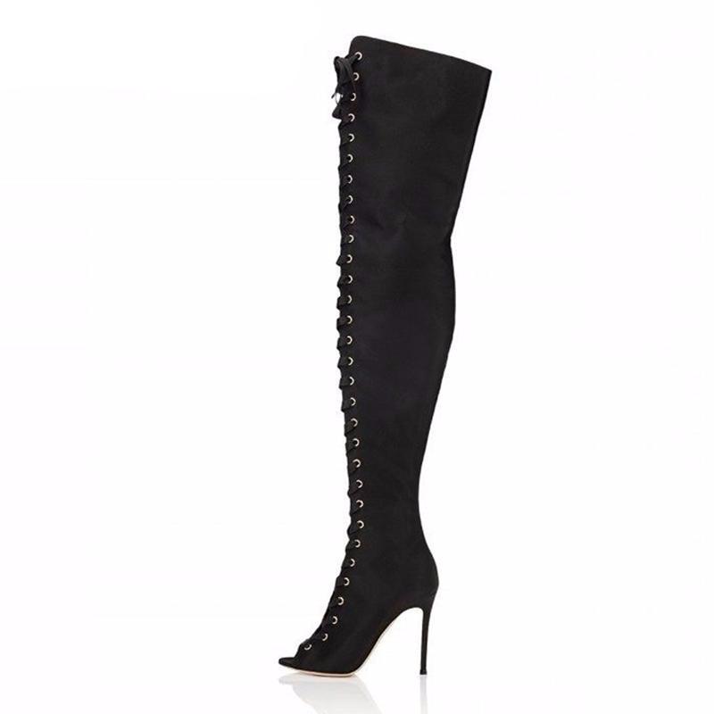 Cross Tied Women Peep Toe Over Knee Boots 