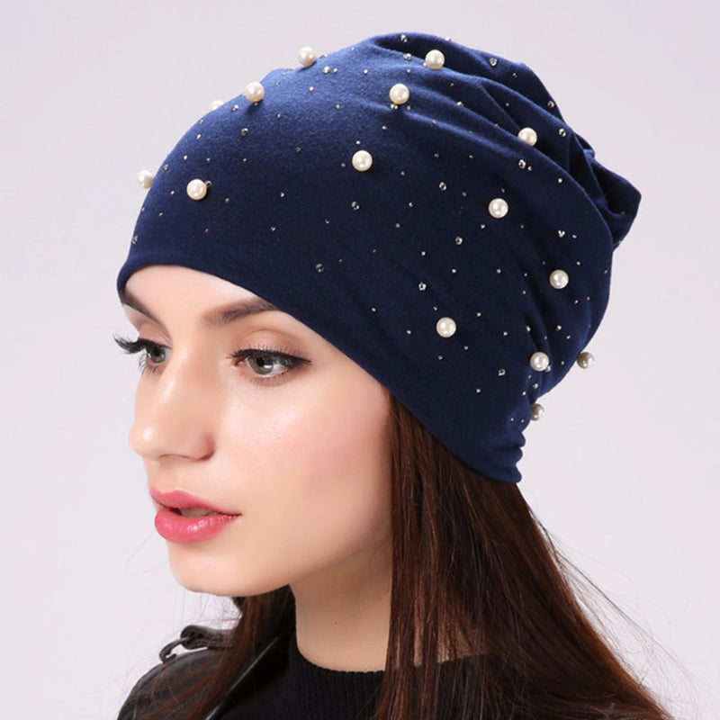 Beanie Hat With Shine Pearls & Rhinestones