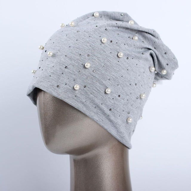 Beanie Hat With Shine Pearls & Rhinestones 