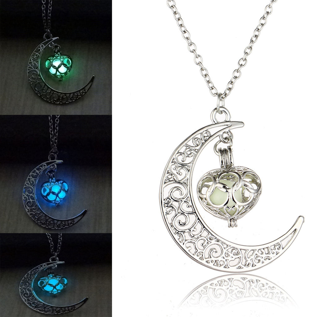 Silver Glow In Dark Heart Pendant Necklace 