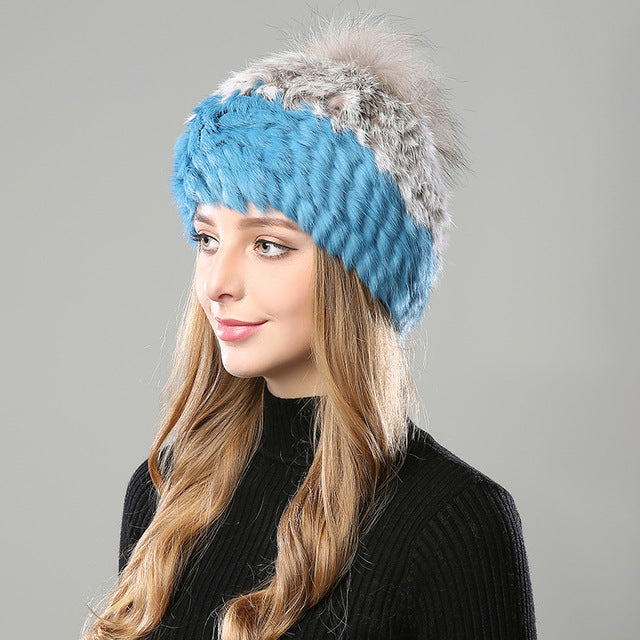 Fur Rabbit Beanie Hat With Pompom 