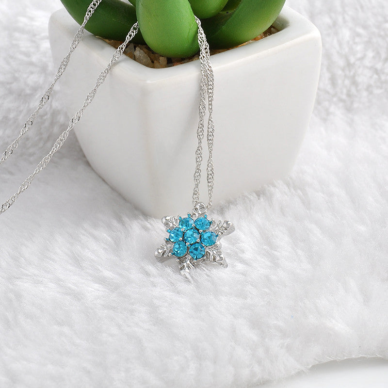 Blue Stone Silver Plated Snowflake Necklace 