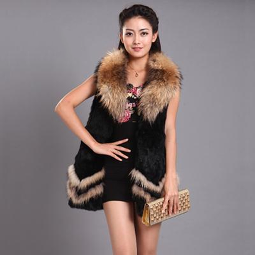 Elegant Fur Collar Real Rabbit Raccoon Fur Vest 