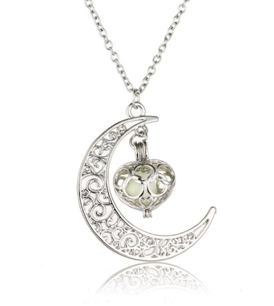 Silver Glow In Dark Heart Pendant Necklace 