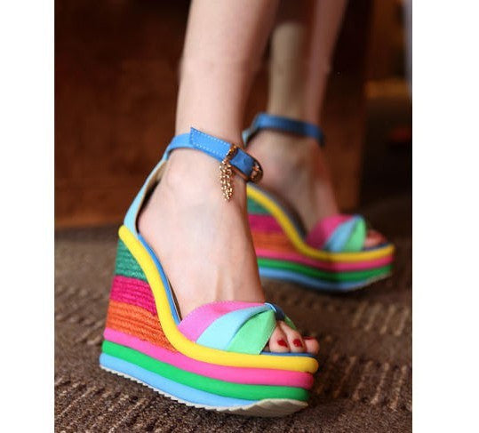 Bohemia Rainbow Peep Toe Platform Wedges 