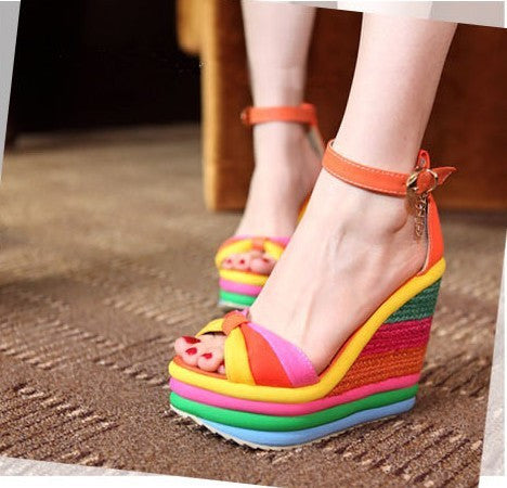 Bohemia Rainbow Peep Toe Platform Wedges 