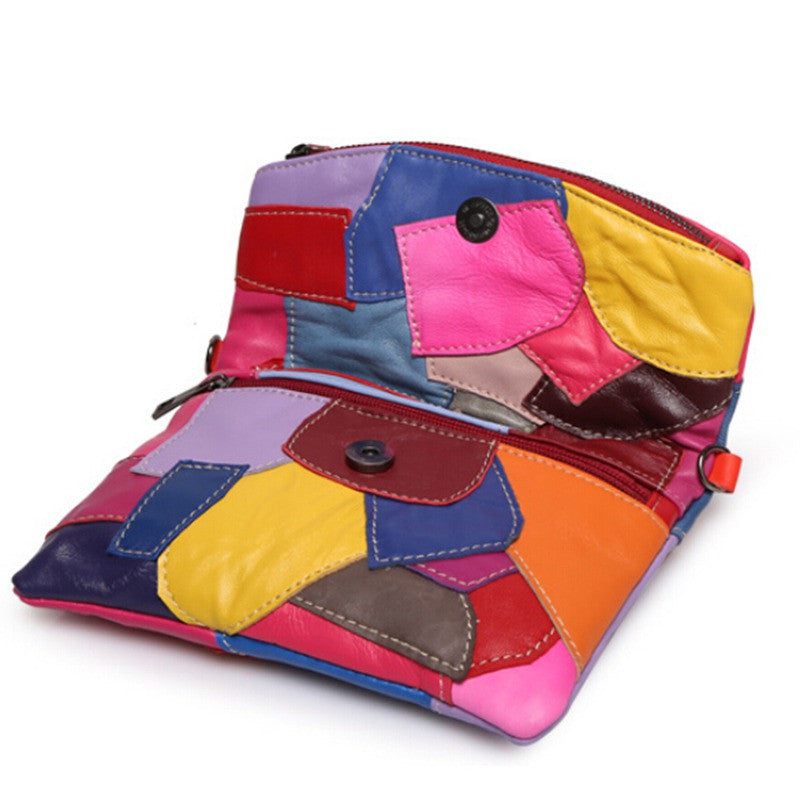 Leather Clutch Bag With Chain Patchwork 