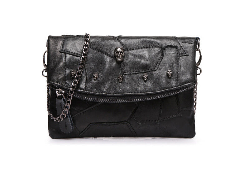 Leather Clutch Bag With Chain Patchwork 