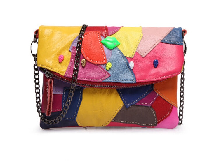 Leather Clutch Bag With Chain Patchwork 