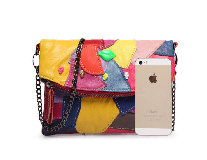 Leather Clutch Bag With Chain Patchwork 