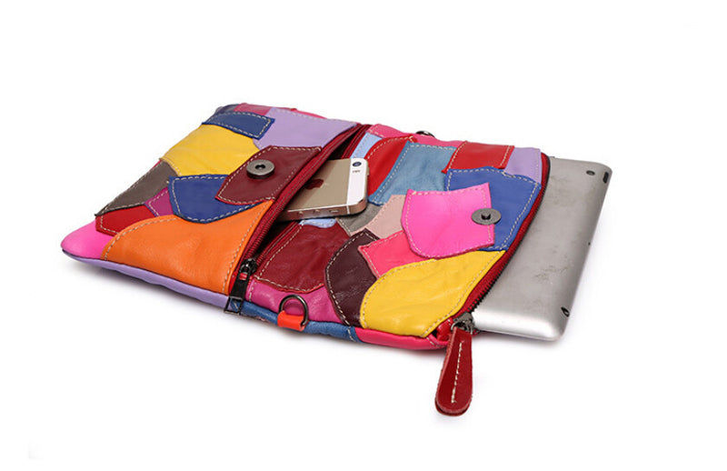 Leather Clutch Bag With Chain Patchwork 