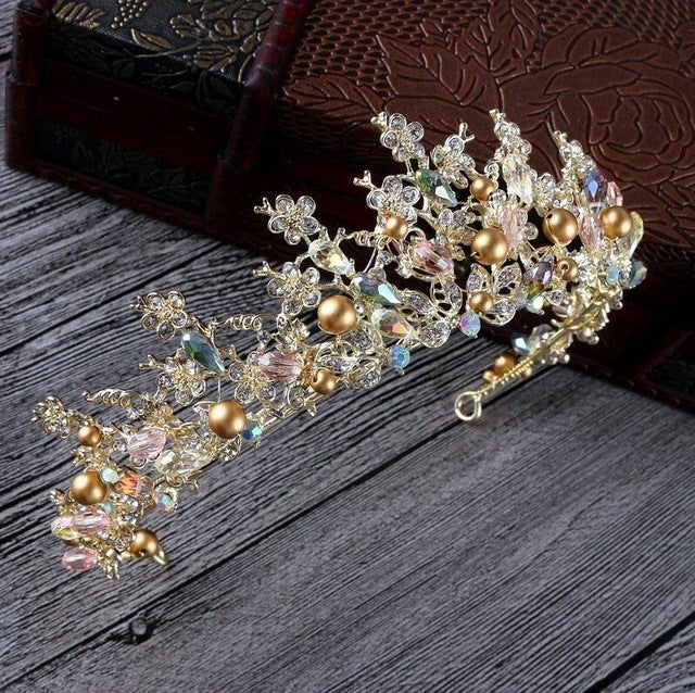 Pink Gold Pearl Bridal Crowns Tiara 