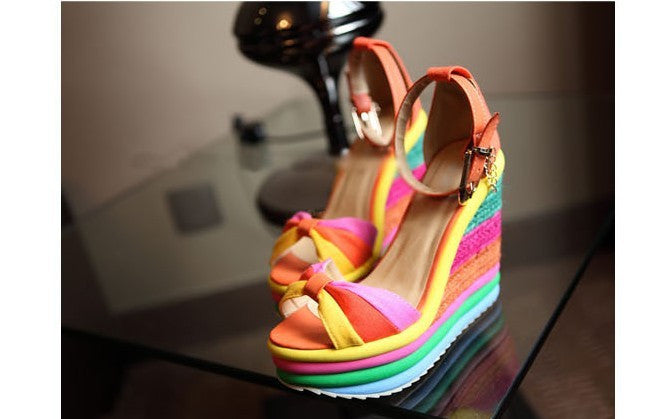 Bohemia Rainbow Peep Toe Platform Wedges 