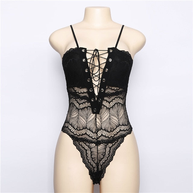 Spaghetti Strap Deep V Lace Up Bodysuit 