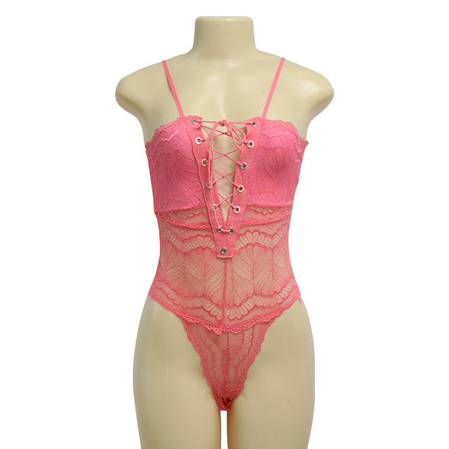 Spaghetti Strap Deep V Lace Up Bodysuit 