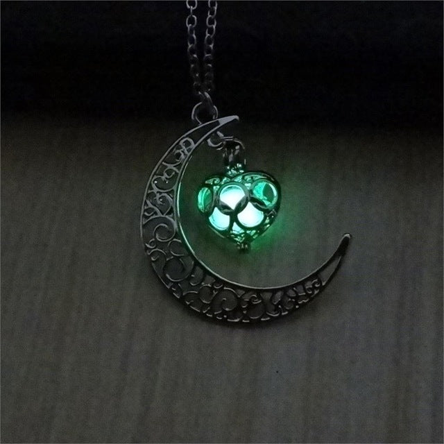 Silver Glow In Dark Heart Pendant Necklace 