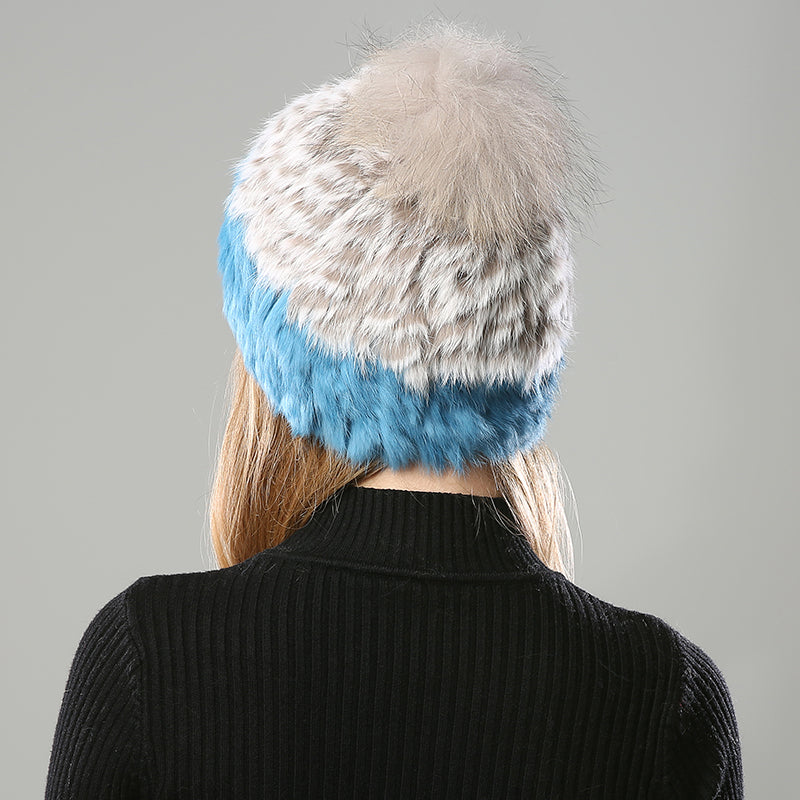 Fur Rabbit Beanie Hat With Pompom 