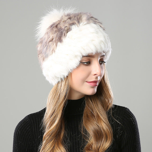 Fur Rabbit Beanie Hat With Pompom 