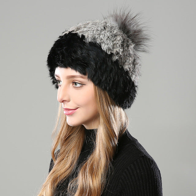 Fur Rabbit Beanie Hat With Pompom 