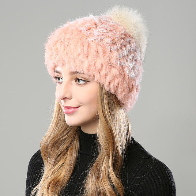Fur Rabbit Beanie Hat With Pompom 