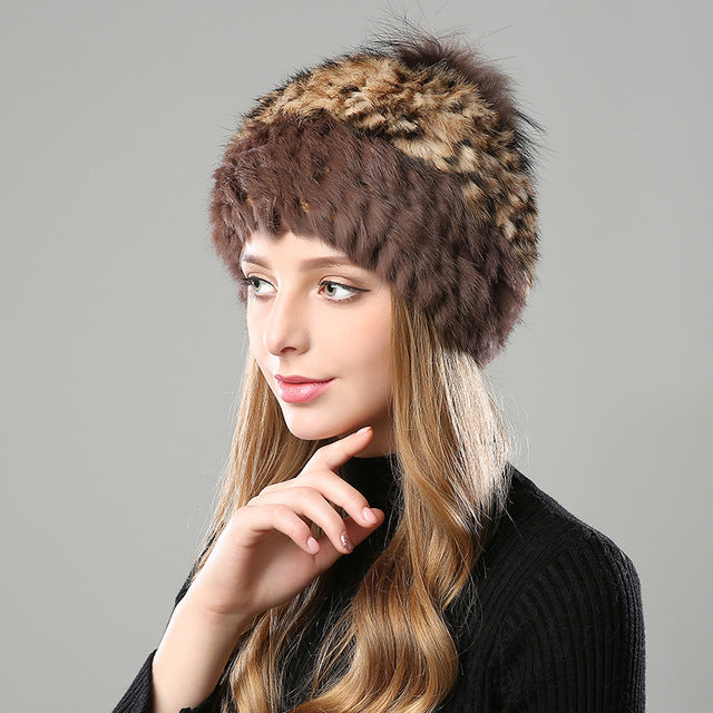 Fur Rabbit Beanie Hat With Pompom 