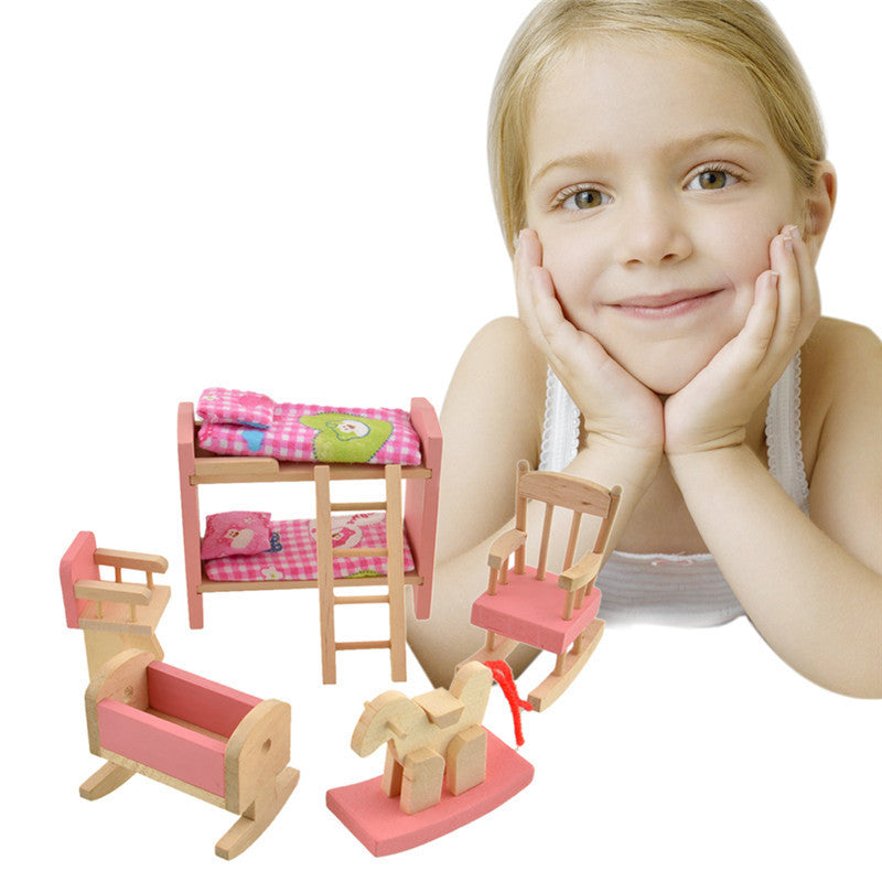 Pretend Play Wooden Doll Bunk Bed Set Furniture Dollhouse Miniature For Kids Child Play Toy 