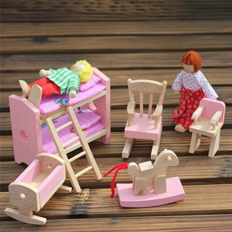 Pretend Play Wooden Doll Bunk Bed Set Furniture Dollhouse Miniature For Kids Child Play Toy 