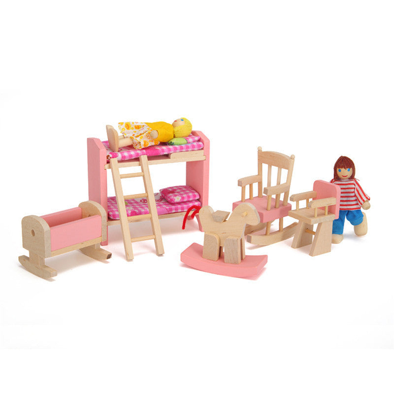 Pretend Play Wooden Doll Bunk Bed Set Furniture Dollhouse Miniature For Kids Child Play Toy 