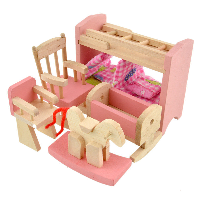 Pretend Play Wooden Doll Bunk Bed Set Furniture Dollhouse Miniature For Kids Child Play Toy 