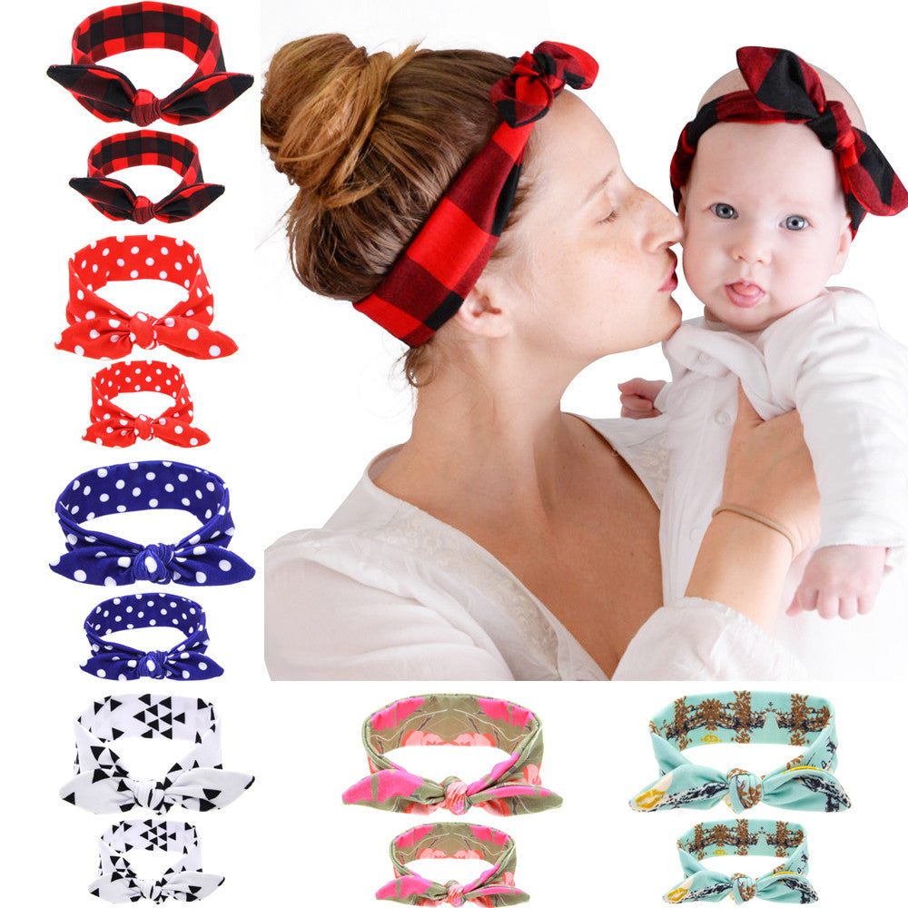 Multi-Color 2PC/Set Mom Baby Rabbit Ears Tie Bow Headband 