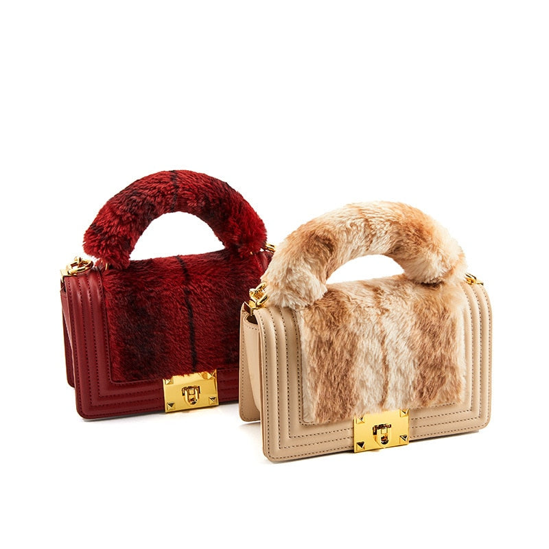 Plush Fur Leather Shoulder Messenger Handbags 